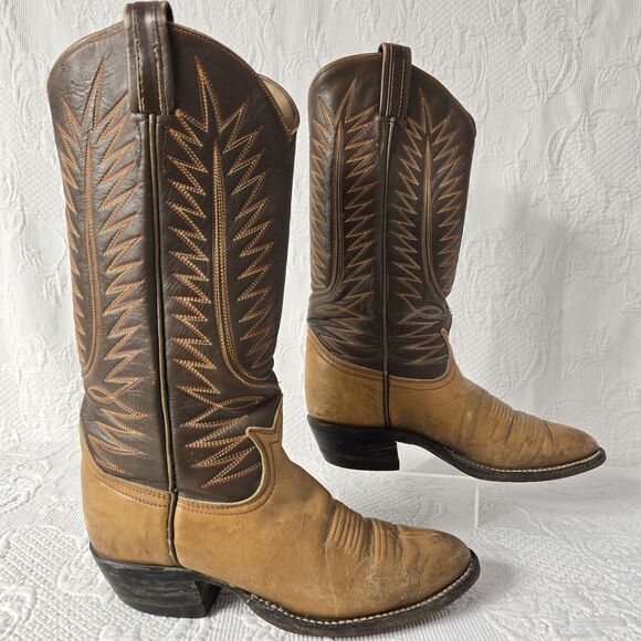 Tony Lama Embroidered Leather Cowboy Boots Brown Women 7 Mid Calf Pointed Toe - Picture 2 of 12